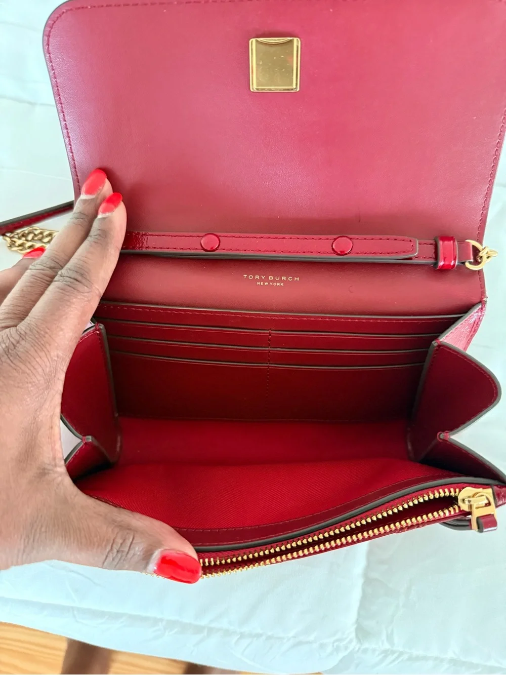 Tory Burch Red Quilted Patent Leather Chain Crossbody with Logo Medallion